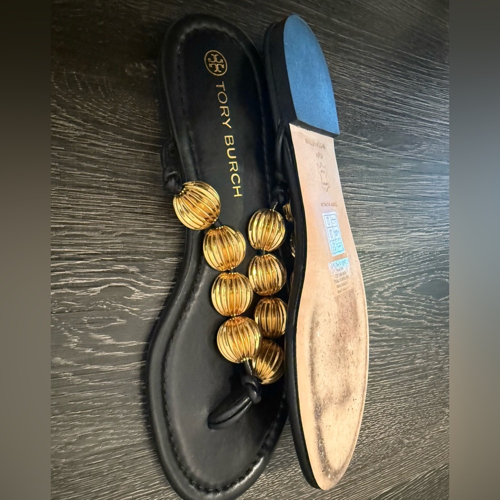 Tory Burch Capri Beaded Black Sandals with Gold Accents - Picture 4 of 7